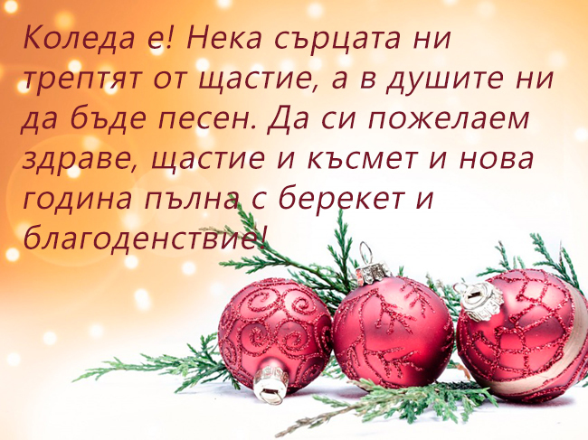 Коледа е! Нека сърцата ни трептят от щастие, а в душите ни да бъде песен. Да си пожелаем здраве, щастие и късмет и нова година пълна с берекет и благоденствие!